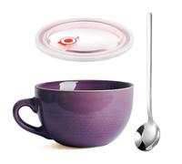 Taza de Café Grande, 700 ml Bol Grande de Cereales con Asa, Taza de Café Capuchino, Ensaladera, Reutilizable Cuenco de Cerámica para Sopa Con Tapa y Cuchara, Para Cafeterías(Violeta)