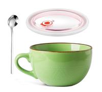 Taza de Café Grande, 700 ml Taza de Café de Cerámica, Bol Grande de Cereales con Asa, Ensaladera, Reutilizable Cuenco de Cerámica para Sopa Con Tapa y Cuchara, Apto para Avena, Yogur(Verde Hierba)