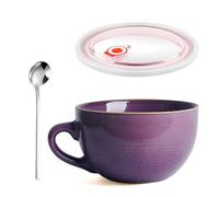 Taza de Café Grande, 700 ml Taza de Café de Cerámica, Bol Grande de Cereales con Asa, Ensaladera, Reutilizable Bol de Avena Con Tapa y Cuchara, Apto para Avena, Yogur(Morado)