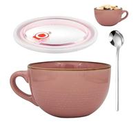 Taza de Café Grande, 700 ml Taza de Café de Cerámica, Cuencos para Cereales, Bol Grande de Cereales con Asa, Ensaladera, Bol de Avena, Apto para Postres Lácteos, Avena, Yogur, Rosa