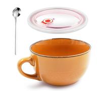 Taza de Café Grande, 700 ml Taza de Café de Cerámica, Reutilizable Bol Grande de Cereales con Asa, Ensaladera, Cuenco de Cerámica para Sopa Con Tapa y Cuchara, Apto para Postres Lácteos(Naranja)