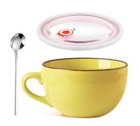 Taza de Café Grande, 700 ml Taza de Café de Cerámica, Reutilizable Cuencos para cereales con Asa, Ensaladera Con Tapa y Cuchara, Bol de Avena, Apto para Postres Lácteos, Avena, Yogur(Amarillo)