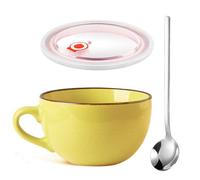 Taza de Café Grande, 700 ml Tazas de Café de Cerámica, Reutilizable Cuencos para cereales con Asa, Bol de Avena, Ensaladera Con Tapas y Cuchara, Taza de Cafés Capuchino, Para Oficinas (Amarillo)
