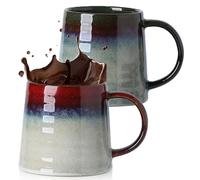 Taza de café grande de 450 ml, paquete de 2 tazas de gres con asa, juego de tazas de café de cerámica para oficina y hogar, fácil de sostener, apto para microondas y lavavajillas (verde tinta y rojo