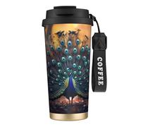 Taza de café personalizada única, vaso de acero inoxidable aislado para viajes, hogar y oficina, 17 onzas, hermoso y elegante pavo real negro