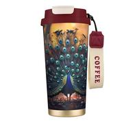 Taza de café personalizada única - Vaso de acero inoxidable aislado para viajes, hogar y oficina - 17 onzas, hermoso y elegante pavo real rojo