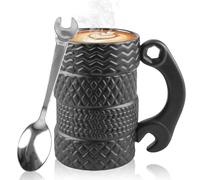 Taza de cerámica con forma de neumático de 500 ml, taza de cerámica con cuchara, taza 3D grande para coche con asa, taza de cerámica para café, té, bebidas, tazas de café para oficina, amantes de los