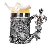 Taza de cerveza retro - 600 ml con patrón de dragón medieval - Tazas de café de viaje vintage para cerveza, café, agua, té, chocolate caliente