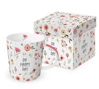 Taza de porcelana con diseño de flores con texto "Happy Day um Flowers" en caja de regalo a juego. Taza con diseño de flores para mesa y como regalo, 0,4 x 9,7 cm