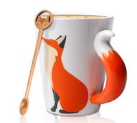 Taza de zorro, 360 ml 3D Animal Taza de Café con Cuchara, Zorros Taza de Café, Linda Taza de Animal, Zorro Regalo Taza Cerámica para Navidad Cumpleaños Aniversario Niños