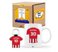 Taza del Madrid más llavero camiseta de futbol del real con nombre y número pack de regalos para fanáticos del futbol mejor equipo de España 2024 325 ml para te café o chocolate de cerámica apta para