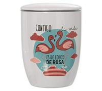 Taza infusión Filtro Acero INOX flamencos Contigo la Vida es de Color de Rosa 385ml 8,5x10cm