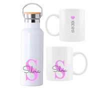 Taza Personalizada con inicial y nombre opcion de añadir Botella Térmica personalizada 500ml, con Dedicatoria Opcional, regalo dia de la madre, profesoras... (FUCSIA)