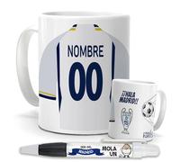Taza Personalizada Fútbol | Tazas de Desayuno Real Madrid con bolígrafo | Regalo Original para Merengues Aficionados de Fútbol | Cosas para Niños | Copa Orejona