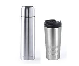 Taza y termo café para llevar. Pack de botella y vaso con doble pared para conservación de bebidas frias o calientes. Para viajar en coche, ir al trabajo, clases ... Libre BPA (PLATEADO)