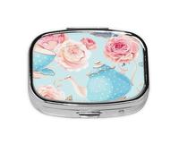 Tazas de tetera vintage de flores, rosas, pastillero con 2 compartimentos, organizador portátil