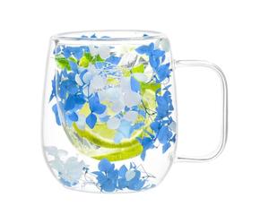 Tazas de vidrio con doble aislamiento y flores secas | Taza de té de vidrio de doble capa, tazas de café de vidrio transparente con asa de 250 ml para jugo, bebidas, agua