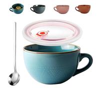 Tazas Grandes de Cerámica, Taza de Cerámica, Bol de Cereales con Asa, Taza de Gres, Ensaladera, Bol de Regalo, con Tapa y Cuchara, Apto para Microondas y Horno Lavavajillas(Azul)