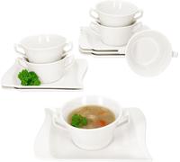 Tazas para sopa: Cuencos para sopa de color marfil, 450 ml, con platillos, color blanco marfil. Tazón para sopa de porcelana con platillos rectangulares, para 6 personas