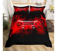 Tbrand Juego de ropa de cama para niños, 135 x 200 cm, diseño de gamer, decoración para dormitorio de niños y niñas, mando de videojuegos, cama, color rojo y negro, con cremallera geométrica