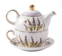 Tea For One Juego de tetera con taza y plato para té, color blanco, elegante diseño de bicicleta de pájaro lavanda