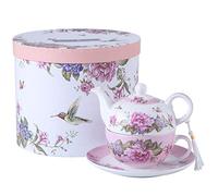 Tea for One - Juego de Tetera y Taza de azúcar Shaby Chic Flora pájaro, Rosa y Mariposa, Caja de Regalo de Porcelana (Rosa)