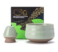 TEANAGOO Chawan Matcha cuenco de té y soporte para batidor Matcha, soporte Chasen, MB-6, 510 ML, verde claro mate con costura negra, 2 piezas/cajas.…