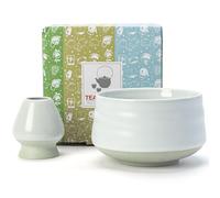 TEANAGOO Cuenco para matcha con boquilla, juego de cuencos de cerámica para matcha y soporte para batidor, 2 piezas Macha Chawan de 510 ml, taza blanca marfil con soporte, cuenco de té verde, juego de