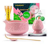 TEANAGOO Juego de 7 batidores de matcha rosa con diseño de flor de cerezo, kit completo de ceremonia, cuenco de cerámica Chawan con boquilla, batidor y accesorios, juego de té matcha tradicional para