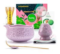 TEANAGOO Juego de 7 batidores matcha morados con diseño de flor de cerezo, kit completo de ceremonia, cuenco de cerámica Chawan con boquilla, batidor y accesorios, juego de té matcha tradicional para