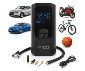 Technaxx Compresor de Aire Eléctrico para Coche - Inflador de neumáticos portátil con Pantalla Digital, Apagado automático, luz LED, compresor a batería para Auto, Moto, Bicicleta y balones - TX-370