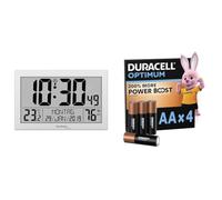 techno line WS8016 WS 8016 - Reloj de Pared inalámbrico con indicador de Temperatura, plástico, Color Plateado, 225 x 143 x 24 mm + Duracell Optimum Pack de 4 AA