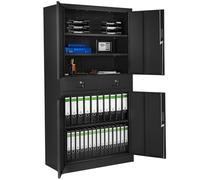 tectake® Armario Archivador Oficina en Acero, Armario Exterior e Interior con Candado Seguridad, Armario Multiusos con 5 Alturas, 4 Puertas, 2 Cajones, 3 Estantes Ajustables, 180x80x40 cm - Negro