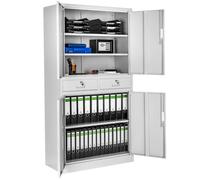 tectake® Armario Archivador Oficina en Acero, Armario Exterior e Interior con Candado Seguridad, Armario Multiusos con 5 Alturas, 4 Puertas, 2 Cajones, 3 Estantes Ajustables, 180x80x40 cm - gris claro