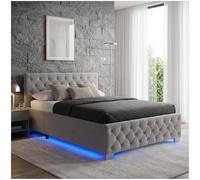 tectake® Cama Tapizada de Terciopelo con Leds, Canape Somier Abatible, Acero Estable, Cama Alta con 300 kg de Capacidad, Mando, Acolchado Chesterfield, Iluminación LED - 215 x 148 cm Gris Oscuro