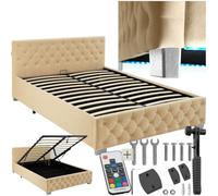 tectake® Cama Tapizada de Terciopelo con Leds, Canape Somier Abatible, Acero Estable, Cama Alta con 300 kg de Capacidad, Mando, Acolchado Chesterfield, Iluminación LED - 215 x 148 cm Beige
