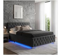 tectake® Cama Tapizada de Terciopelo con Leds, Canape Somier Abatible, Acero Estable, Cama Alta con 300 kg de Capacidad, Mando, Acolchado Chesterfield, Iluminación LED - 215 x 148 cm Negro