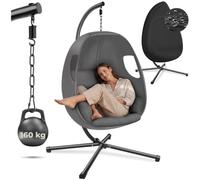 tectake® Columpio Jardín Exterior con Estructura, Silla Colgante Giratoria, Altura Ajustable, Resistente a la Intemperie, Sillón Colgante, hasta 160Kg, con Funda Protectora y Cojines - Antracita