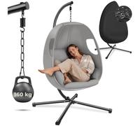 tectake® Columpio Jardín Exterior con Estructura, Silla Colgante Giratoria, Altura Ajustable, Resistente a la Intemperie, Sillón Colgante, hasta 160Kg, con Funda Protectora y Cojines - Gris Claro