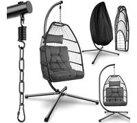 tectake® Columpio Jardín Exterior, Silla Colgante con Cojín Extragrueso, Sillón Balancín con Estructura de Acero y 4 Pies en Base, Hamaca Colgante Interior/Exterior, Plegable, Capacidad 160Kg - Gris