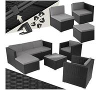 TecTake® Conjunto Jardín Combinable en Ratán y Acero de 7 plazas, Conjunto Terraza Resistente a la Intemperie, Muebles Jardín Exterior 5 Sillones, 1 Mesa Cristal, 1 Taburete, Fundas Extraíbles - Negro
