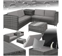 tectake® Conjunto Jardín de Ratán Combinable con Cojines Grosor 8 cm, Conjunto Terraza Acero y Resistente a la Intemperie, Muebles Jardín Exterior 2 Sofás, 1 Mesa, 1 Caja Almacenaje - Gris/Gris Claro