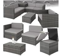 tectake® Conjunto Jardín de Ratán, Muebles Jardín Exterior 5 Sillones, 1 Mesa con Cristal, 1 Caja Almacenamiento, Conjunto Terraza Resistente a la Intemperie, con Cojines, Estructura en Acero - Gris