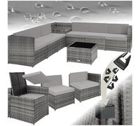 tectake® Conjunto Jardín de Ratán, Muebles Jardín Exterior 6 Sillones, 1 Mesa con Cristal, 1 Baúl Almacenamiento, Conjunto Terraza Resistente a la Intemperie, con Cojines, Estructura en Acero - Gris