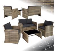 tectake® Conjunto Jardín de Ratán y Acero, Muebles Jardín Exterior, 2 Sillones 1 Sofá 1 Mesa con Cristal, Conjunto Terraza Resistente a Intemperie, con Cojines, Fundas Extraíbles - natural/gris oscuro