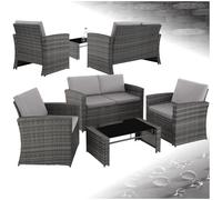 tectake® Conjunto Jardín de Ratán y Acero, Muebles Jardín Exterior, 2 Sillones, 1 Sofá, 1 Mesa con Cristal, Conjunto Terraza Resistente a Intemperie, con Cojines, Fundas Extraíbles - Gris/Gris Claro