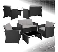 tectake® Conjunto Jardín de Ratán y Acero, Muebles Jardín Exterior, 2 Sillones, 1 Sofá, 1 Mesa con Cristal, Conjunto Terraza Resistente a Intemperie, con Cojines, Fundas Extraíbles - Negro/Gris