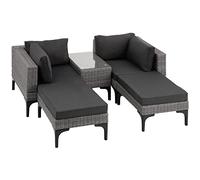 TecTake® Conjunto Jardín en Ratán y Aluminio con Cojines, Conjunto Terraza Resistente a la Intemperie, Muebles Jardín Exterior 2 Sillones, 2 Taburetes, 1 Mesa con Cristal, Fundas Extraíbles - Gris