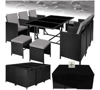tectake® Conjunto Jardín Exterior de Ratán y Acero, Agrupable en Cubo, Muebles Jardín Exterior Resistente a la Intemperie, para 6-10 Personas, Fundas Extraíbles y Funda Protectora - Negro/Gris