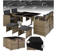tectake® Conjunto Jardín Exterior de Ratán y Acero, Compacto y Agrupable en Cubo, Muebles Jardín Exterior Resistente a la Intemperie, para 4-8 Personas, Fundas Extraíbles y Funda Protectora - Natural